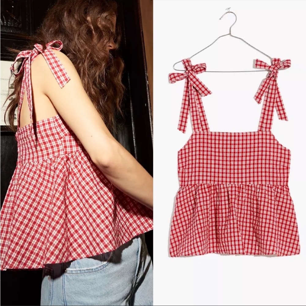 Madewell Red Plaid Tie Strap Tank Top